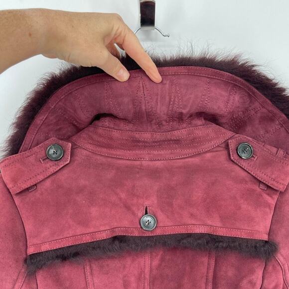 Burberry Burgundy Suede Shearling Haddingcroft Double Breasted Jacket US size 2 - Picture 14 of 16